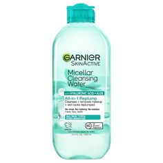 This all-in-1 replumping micellar cleansing water is a facial cleanser and makeup remover that is surprisingly powerful, yet gentle on skin. The Garnier Micellar Cleansing Water with Hyaluronic Acid and Aloe Vera cleanses, removes makeup and skin looks replumped. Like a magnet, micelles capture and lift away dirt, oil and makeup without harsh rubbing leaving skin perfectly clean without over drying. Gentle on skin and can be used to remove face makeup and eye makeup. Approved by Cruelty-Free Int Rose Water For Skin, Homemade Makeup Remover, Garnier Micellar Water, Garnier Micellar Cleansing Water, Moisturizing Routine, Garnier Skinactive, Garnier Micellar, Garnier Skin Active, Micellar Cleansing Water