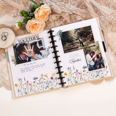 Simplify your scrapbooking with our Memory Keeping photo journals! The pages include templates for photo layouts, and lined sections for adding memories and captions. This wedding photo journal is decorated with delicate creams, contrasting floral designs, and touches of romance. Have a unique experience commemorating your most special memories of your big day! This is where your adventure begins. 80 pre-printed template pages with 20 different designs and unlabeled dividers to categorize your p Wedding Photo Book Layout, Wedding Scrapbooking Layouts, Cute Scrapbooks, Photo Album Design, Spiral Planners, Romance Wedding, Work Stickers, Memory Journal, Scrapbook Book