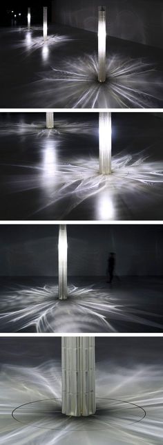 three different images of the same light in an empty room with no one around them