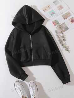 Free Returns ✓ Free Shipping✓. SHEIN EZwear Solid Zip Up Drop Shoulder Thermal Lined Crop Hoodie- Women Sweatshirts at SHEIN. Black Zip Up Hoodie, Women Sweatshirts, Crop Hoodie, Black Zip Ups, Cozy Outfit, Cheap Clothes, Cropped Hoodie, Fashion Online Shop, All Fashion