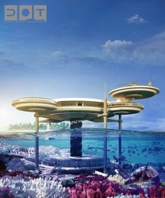 a futuristic building floating in the ocean with water surrounding it and an underwater pool below