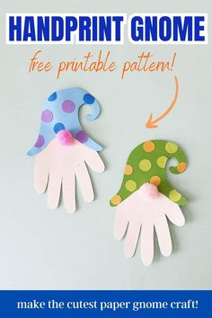 two handprint gnomes made out of paper with the text, make the cutest paper gnome craft