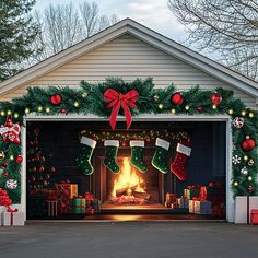 a garage decorated for christmas with stockings and gifts in front of the fire place that's lit up