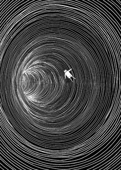 an abstract black and white photo with swirls in the center that looks like something out of space