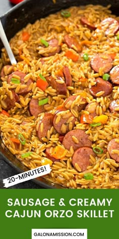 sausage and creamy cajun orzo skillet in a cast iron skillet