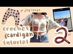 the crochet cardigan pattern is shown with an image of a woman wearing jeans and