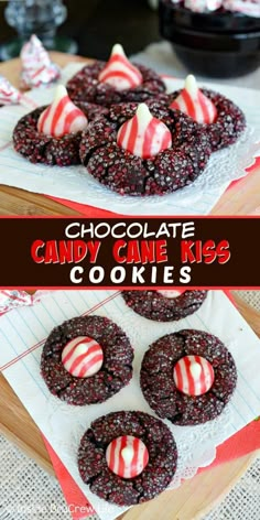 chocolate candy cane kiss cookies on a cutting board