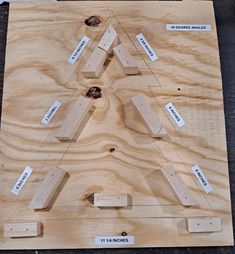 a wooden board with several pieces of wood attached to it and labels on the boards