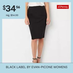 For a formal work day or a night out, this knee-length skirt by Black Label by Evan-Picone looks great paired with a blouse or a t-shirt layered with a blazer. It's made from a soft stretch-crepe and sits right at the waist with kick pleats at the front and back and a concealed side zip closure.Front Style: Flat FrontClosure Type: ZipperFit: Classic FitRise: Mid RiseApparel Length: 25 InchesFiber Content: 97% Polyester, 3% ElastaneFabric Description: CrepeLining Material: PolyesterSkirt Length:… Tailored Skirt For Office, Office Lady Pencil Skirt For Spring, Tailored Skirt For Office Wear, Fitted Skirt For Workwear, Business Knee-length Skirt, Office Lady Skirt For Business, Knee-length Pencil Skirt For Semi-formal Occasions, Formal Knee-length Pleated Skirt, Spring Workwear Pencil Skirt