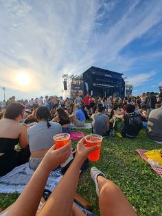 people are sitting on the grass at an outdoor music festival with drinks in their hands