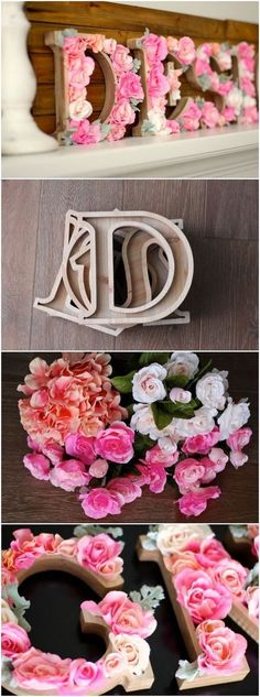 the letters are made out of wood and flowers