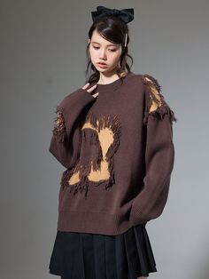 Material: Nylon60% Cotton40% Size: SM Model: 170cm/48kg 着丈 胸囲 肩幅 袖丈 S 68cm 112cm 56cm 54cm M 70cm 116cm 57cm 55cm Brown Cotton Sweater For Spring, Flower Sweater, Fringe Sweater, Niche Design, Color Khaki, Shoulder Sleeve, Skirt Pants, Black And Brown, Bell Sleeve Top