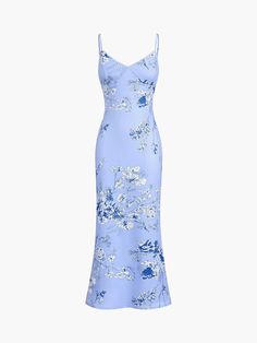 Floral Print Cami Long Dress Light Blue Picnic Dress, Floral Dresses Long Casual, Pretty Long Dresses, Long Casual Dresses, Satin Floral Dress, Casual Chiffon Dress, Summer Long Dress, Simple Dress Casual, Mode Prints