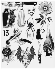 various halloween tattoos on white paper with black and white ink, including bats, roses, flowers