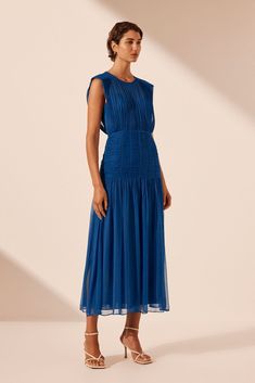 Maya Ruched Sleeveless Midi Dress | Strong Blue | Dresses | Shona Joy – Shona Joy International Formal Sleeveless Midi Dress With Gathered Neckline, Blue Pleated Bodice Knee-length Midi Dress, Summer Pre-draped Midi Dress With Fitted Bodice, Spring Midi Dress With Ruched Bodice And Pre-draped Style, Blue Knee-length Midi Dress With Pleated Bodice, Elegant Knee-length Dress With Gathered Waist, Pre-draped Ruched Dresses For Date Night, Pre-draped Sleeveless Summer Midi Dress, Fitted Sleeveless Chiffon Pleated Dress