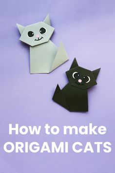 how to make origami cats on purple background with text that reads, how to make origami cats