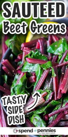 sauteed beet greens in a bowl with text overlay