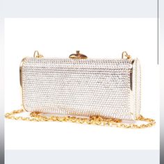 Vintage Clear Swarovski Crystal With Gold Frame. Some Stones Are Missing But Otherwise In Very Good Condition No Scratches And Inside Liner Perfect. No Stains. Long Gold Link Chain Can Close Bag With Chain Inside To Create An Elegant Clutch Luxury Bags With Bling, Luxury Silver Clutch, Designer Silver Rectangular Clutch, Designer Silver Clutch For Formal Events, Designer Silver Clutch For Formal Occasions, Elegant Silver Clutch Bag, Elegant Clutch With Bling For Events, Elegant Evening Bag With Bling For Events, Elegant Bling Clutch For Events