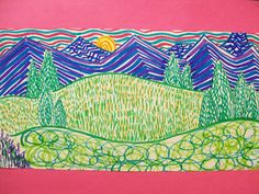 a drawing on pink paper with trees and mountains in the background