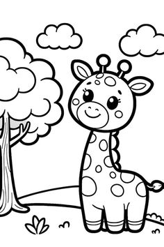 a cartoon giraffe standing next to a tree