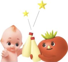 an image of a baby with a tomato and star on it's head holding a bottle