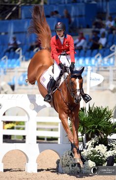 a woman riding on the back of a brown horse over an obstacle in front of a crowd