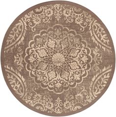 a brown and white rug with an intricate design on the center, in front of a white background