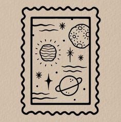 a stamp with an image of planets and stars in the sky on it's side