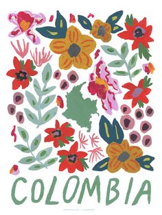 the word colombia surrounded by flowers and leaves