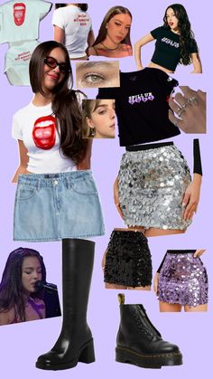 a collage of different outfits and accessories including boots, t - shirt, skirt, shorts