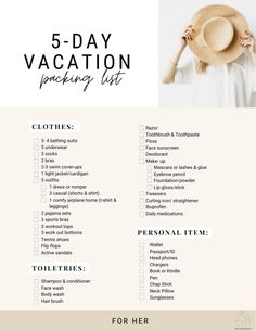 the 5 day vacation packing list is shown in black and white with an image of a woman