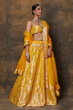 Yellow banarasi silk lehenga with woven zari floral jaal motifs. Comes with dupatta and unstitched blouse fabric. - Aza Fashions Yellow Banarasi Lehenga, Cape Lehenga, Kurta Lehenga, Jayanti Reddy, Lehenga Skirt, Tarun Tahiliani, Silk Lehenga, Bridal Lehenga, Blouse Fabric