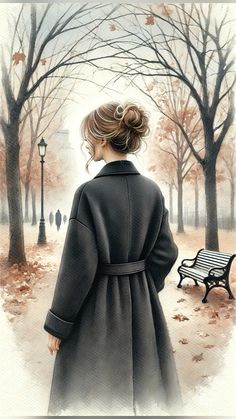 a painting of a girl in a coat looking out at the trees and park bench