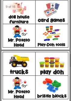 four different types of toys and their names