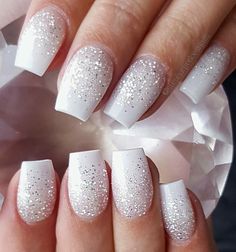 White Sparkle Nails Short, White Sparkle Nails, Unghie Sfumate, Fingernail Designs, Formal Nails, White Glitter Nails, Nails Aesthetic, White Acrylic Nails, Her Nails