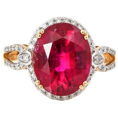 This collection of rings features the most radiant rubelites. These gemstones show a magnificant and regal deep red colour, and the yellow gold and diamond accents makes these pieces a true show stopper. Classic rubelite ring in 18K yellow gold with diamonds. Rubelite: 5.46 carat oval shape. Diamonds: 0.283 carat, G colour, VS clarity. Gold: 3.8908g, 18K yellow gold. ISR096RBD/RBL48 Beautiful Tiaras, Deep Red Color, Red Colour, Animal Jewelry, Bridal Rings, Cocktail Rings, Deep Red, Oval Shape, Gold Diamond