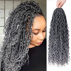 Gray Crochet Hairstyles For Black Women, Gray Locs, Braids With Curly Hair, Grey Hair Braids, Goddess Locks, Boho Goddess Locs, Curly Faux Locs Crochet, Human Hair Crochet