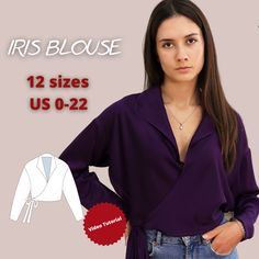 a woman wearing a purple blouse and jeans with the words iris blosse 12 sizes us 0 - 22