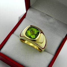 AAAA Peridot   9x9mm  3.24 Carats   Heavy 14K Yellow gold Cushion cut Mans Ring 20 gram  2254 Gold Cushions, Cushion Cut, Men's Rings, Signet Ring, Yellow Gold Rings, Green And Gold, Rings Statement, Gold Jewelry, Gold Rings