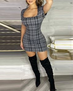 Size: S,M,L,XL;Style:Casual,ChicType:BodyconMaterial:PolyesterNeckline:Square NeckSleeve Style:Short SleeveLength:MiniPattern Type:PlaidDecoration:BacklessFit Type:SkinnyOccasion:DailyPackage Include:1* Dress Casual Square Neck Bodycon Dress For Date Night, Casual Bodycon Dress With Square Neck For Date Night, Casual Bodycon Dress With Square Neck, Casual Stretch Bodycon Dress With Square Neck, Black Non-stretch Casual Bodycon Dress, Knee-length Plaid Mini Dress For Party, Plaid Knee-length Mini Dress For Party, Casual Square Neck Bodycon Dress For Party, Plaid Fitted Mini Dress For Party