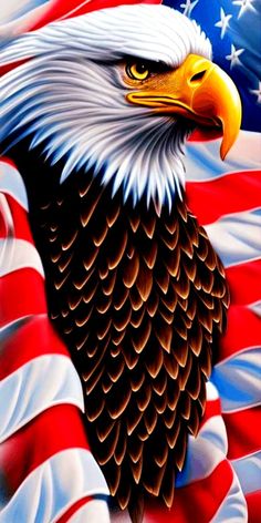 an eagle with the american flag in the background