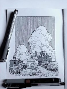 Gomatrical Pattren Design, Fineliner Art Buildings, Micron Pen Sketches, Pen Art Architecture, Hatching Landscape, Pencil Art Landscape, Shallow Drawing, Black Sketch Pen Art, Ink Sketches Sketchbooks