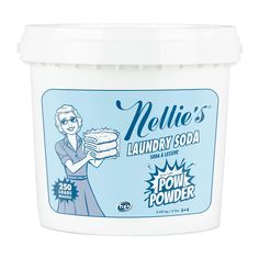 a tub of powdered laundry soap with a woman holding a cake in it's hand