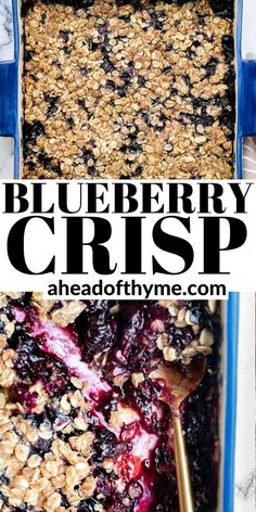 blueberry crisp in a casserole dish with a spoon