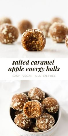 salted caramel apple energy balls in a white bowl with text overlay that says salted caramel apple energy balls