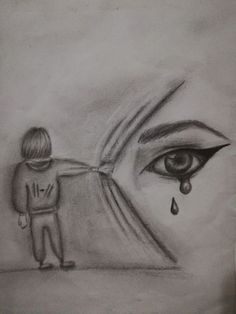 a drawing of a person standing in front of an eye with a tear coming out of it