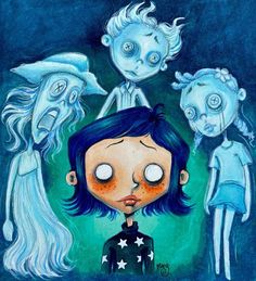 an illustration of three creepy children with blue hair and white faces, one is staring at the