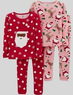 Baby Girls 18M Carter's Just One You 4-pc Santa Holiday Pajamas Set NWT. One set has a Brown Tone Santa face applique with polka dots and snowflakes all over. The second set has all over Santa, reindeer, and Christmas tree print. Super cute! Size 18 Months fits 25-28 lbs For safety reasons, these pajamas are made to fit snugly. Cute Christmas Long Sleeve Sleepwear, Cute Long Sleeve Christmas Sleepwear, Cute Christmas Sleepwear With Long Sleeves, Christmas Cotton Sleepwear For Bedtime, Holiday Cotton Sets For Pajama Party, Cotton Christmas Bedtime Tops, Holiday Cotton Loungewear Sets, Christmas Cotton Bedtime Tops, Cozy Cotton Holiday Sleepwear