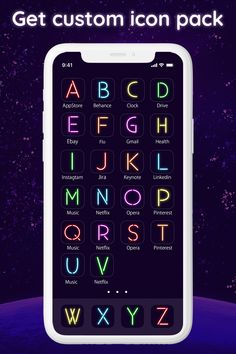 an iphone screen showing the alphabets and letters in neon colors, on a dark background