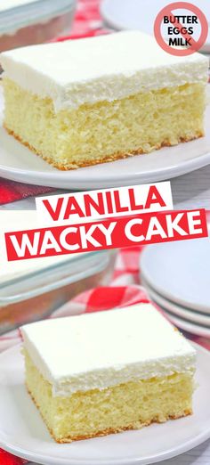 vanilla wacky cake on plates with the title overlay